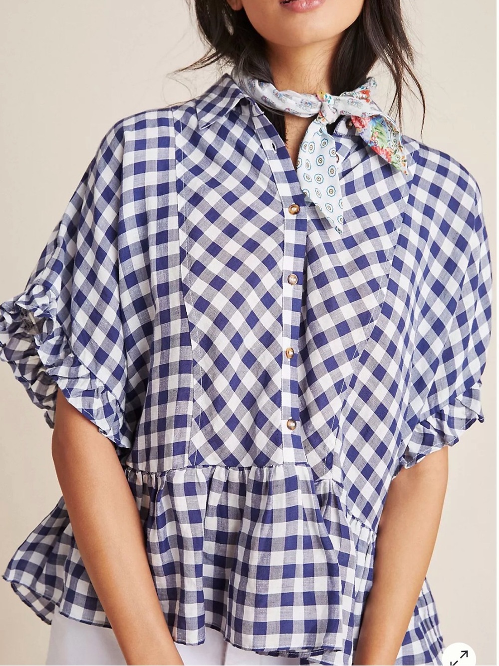 Maeve Anthropologie Blue White Gingham Linen Blend Peplum Blouse